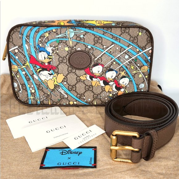 GUCCI x DISNEY brown leather Donald Duck GG Supreme 38-95 leather Belt BUM Bag - Picture 2 of 13
